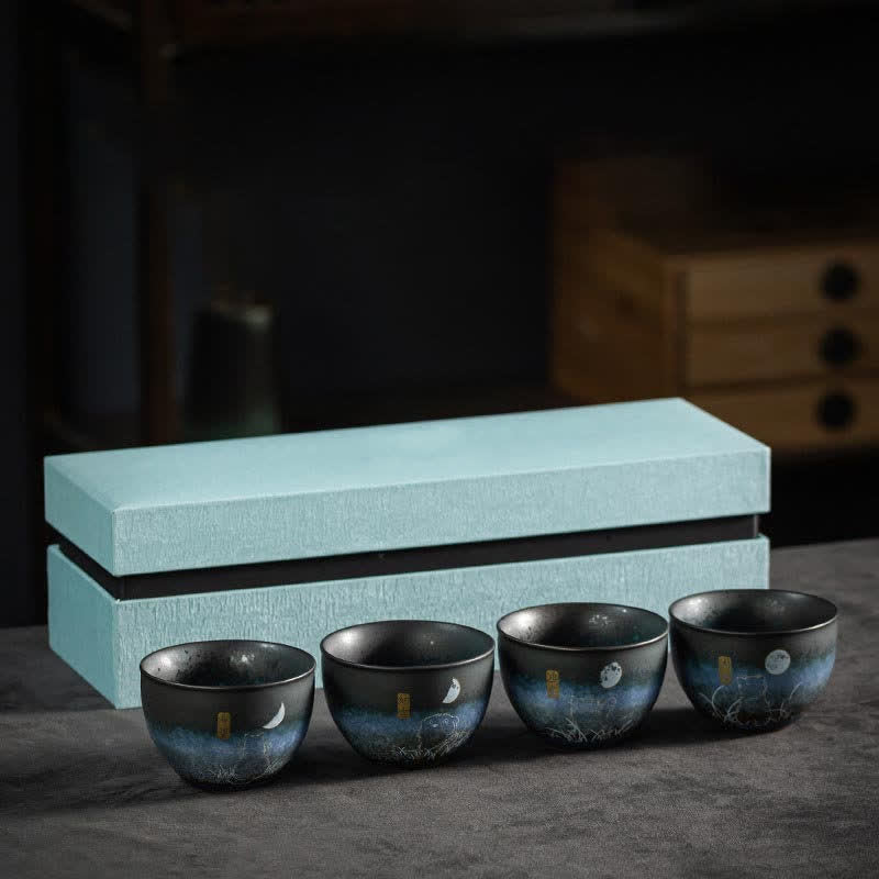 Taza de té de cerámica con Buddha Stones, tazas de té negras con gato encantador, 140ml