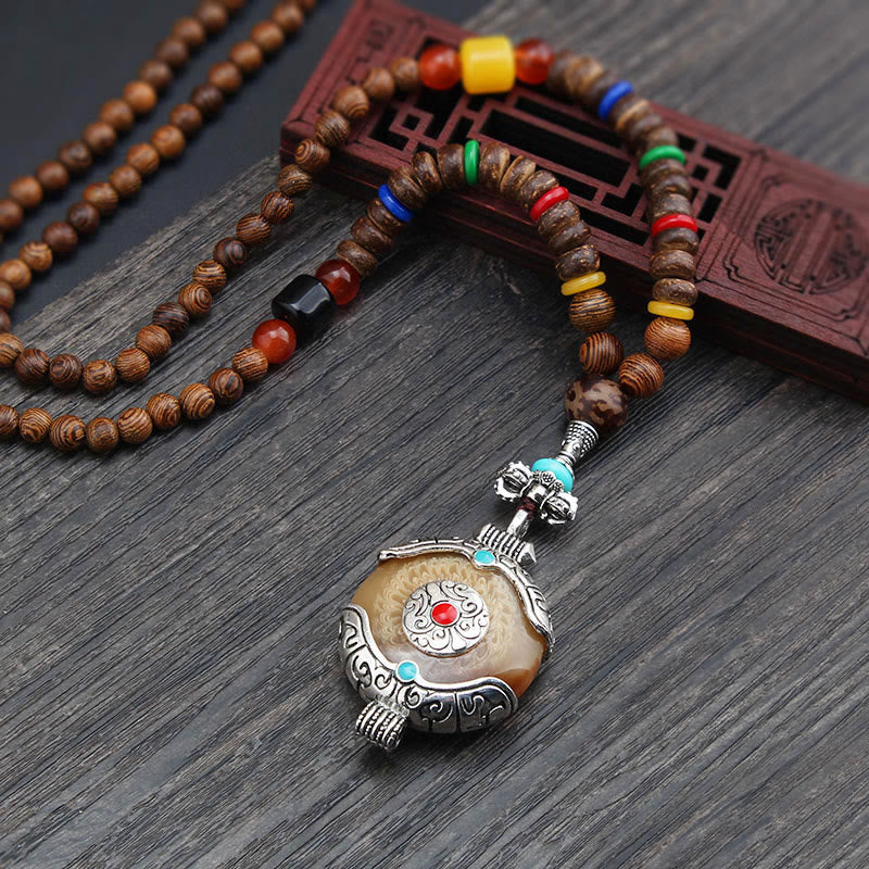 Colgante de collar de protección de elefante de ágata de semilla Bodhi de madera de wengué tibetano con Buddha Stones