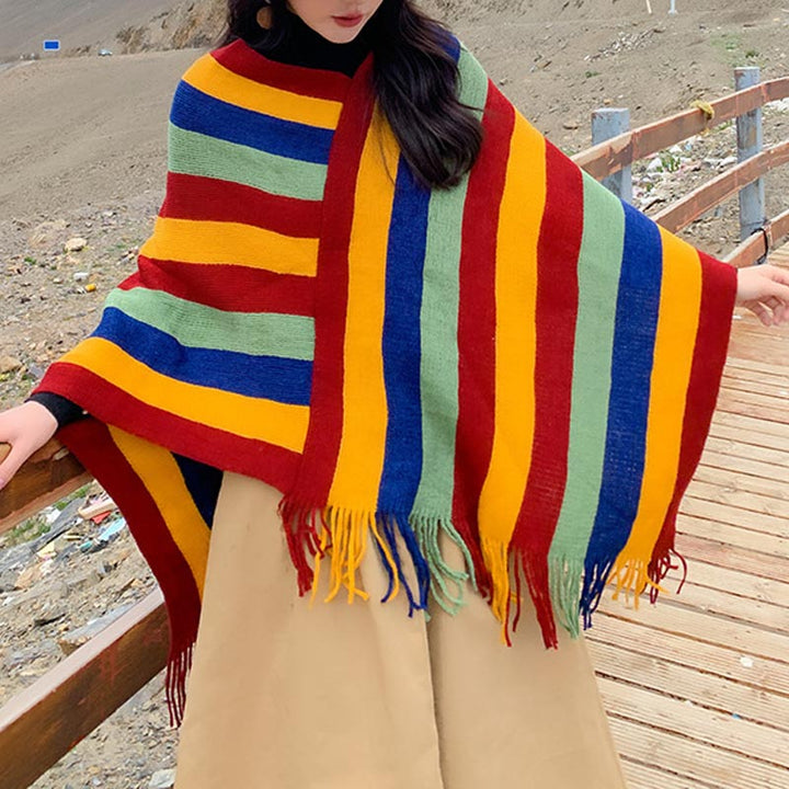 Bufanda de viaje acogedora para invierno con diseño de rayas tibetanas de Buddha Stones, chal con borlas