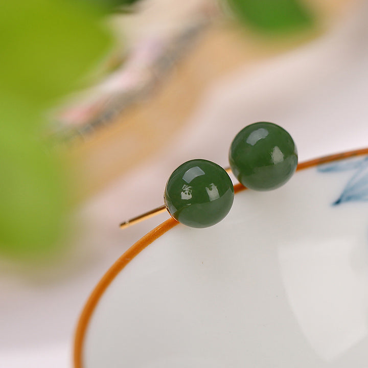 Pendientes de tuerca de plata de ley 925 con Buddha Stones , redondos, jade cian curativo y tranquilo
