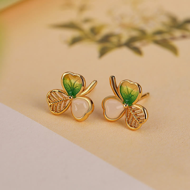 Pendientes con colgante de trébol de trébol de la suerte de jade hetiano chapado en plata de ley 925 con Buddha Stones