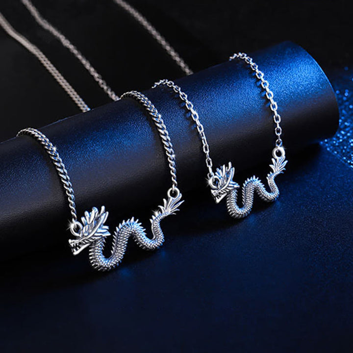 Colgante de cadena de protección de dragón auspicioso del Año del Dragón de Plata de Ley 925 con Buddha Stones