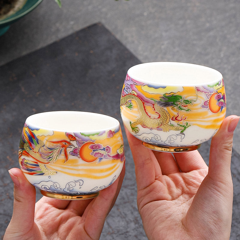 Taza de té de cerámica con Buddha Stones, dragón, Fénix, nubes propicias, sol, olas del océano, taza de té de Kung Fu