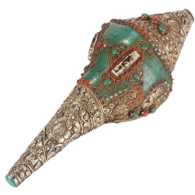 Tibetano hecho a mano grabado Shankha doble Dorje Buda Concha riqueza decoración positiva