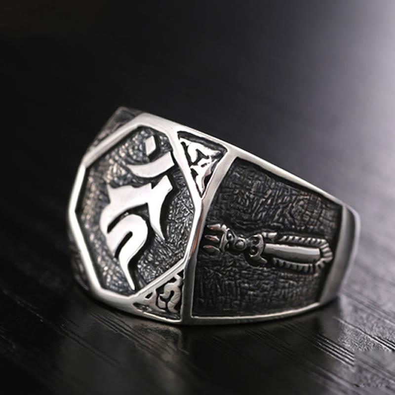 Anillo ajustable de protección tallada con diseño sánscrito de plata de ley 925 con Buddha Stones