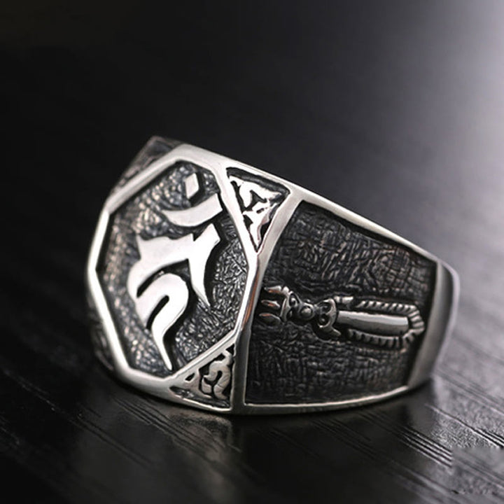Anillo ajustable de protección tallada con diseño sánscrito de plata de ley 925 con Buddha Stones