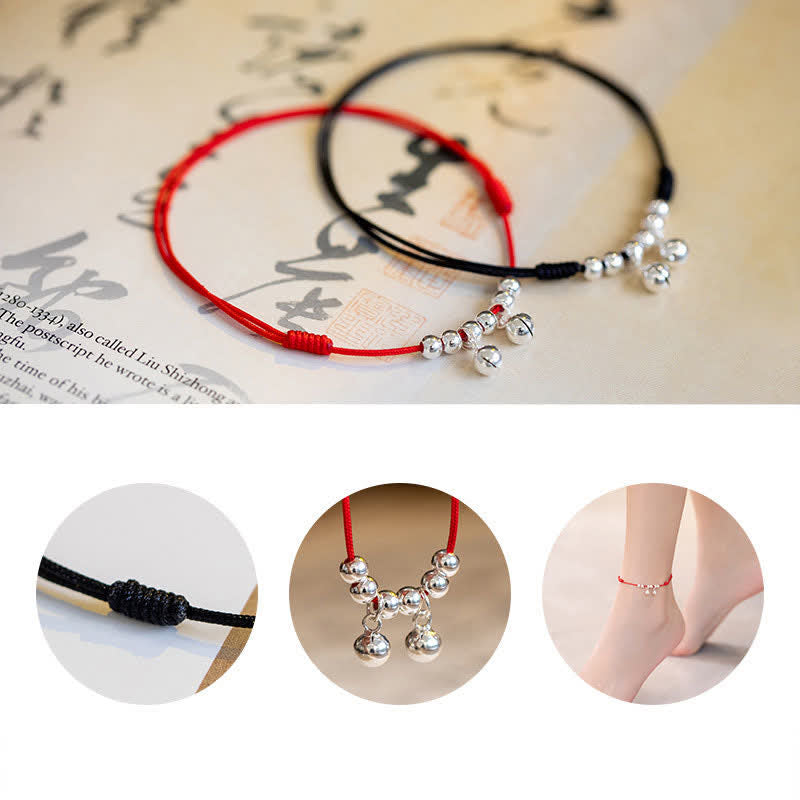 Tobillera con dije de campana trenzada con hilo rojo de plata de ley 925 con Buddha Stones