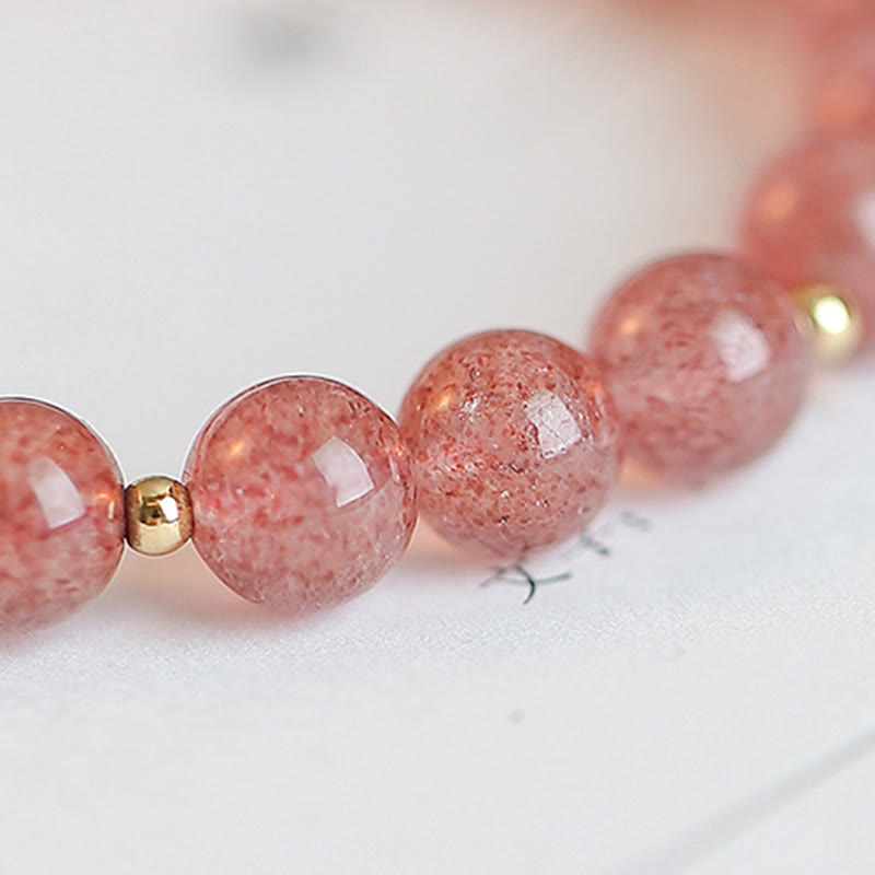 Pulsera con dije curativo de personaje Fu de cuarzo fresa chapado en oro de 14 quilates con Buddha Stones
