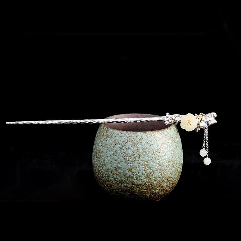 Horquilla de bendición de flor de jade blanco hetiano de plata de ley 925