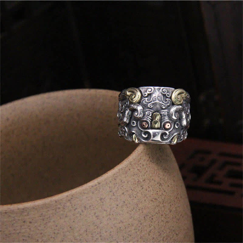 Anillo ajustable de protección de ganado Fengshui Kui de plata de ley 925