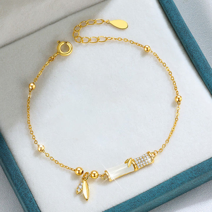 Pulsera de la suerte con hojas de circón de bambú y jade blanco chapada en oro de 18 quilates de plata de ley 925 con Buddha Stones