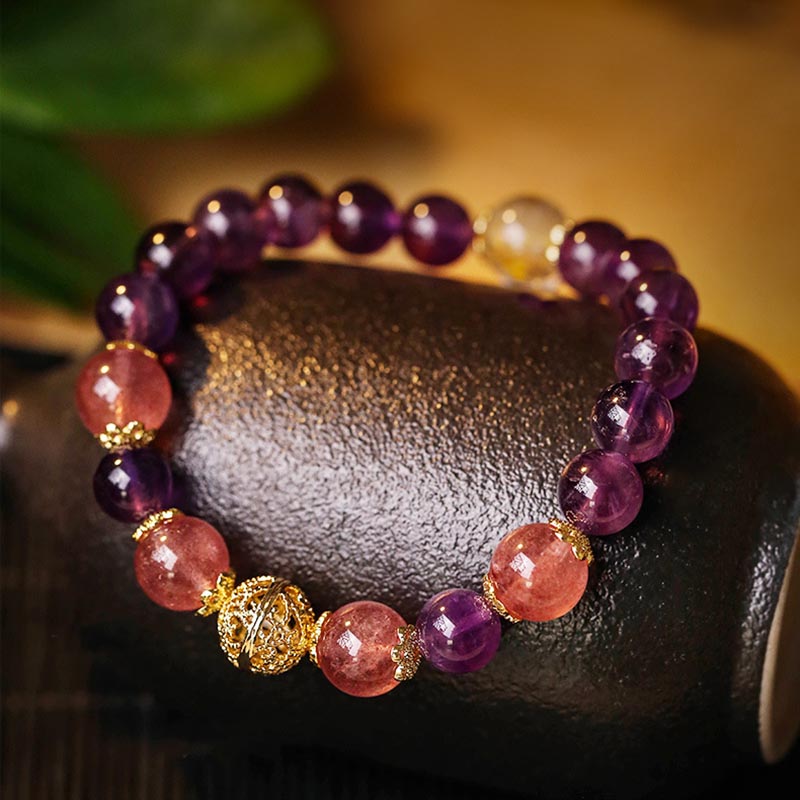Pulsera de protección de prosperidad de cuarzo rutilado con amatista citrino natural de Buddha Stones