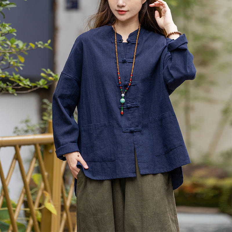 Camisa con diseño de botones de rana y Buddha Stones , ropa superior para meditación de Tai Chi, chaqueta de lino de ramio