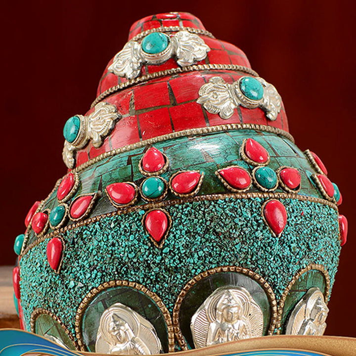 Tibetano hecho a mano Shankha Om Mani Padme Hum Buda Avalokitesvara turquesa Concha decoración positiva