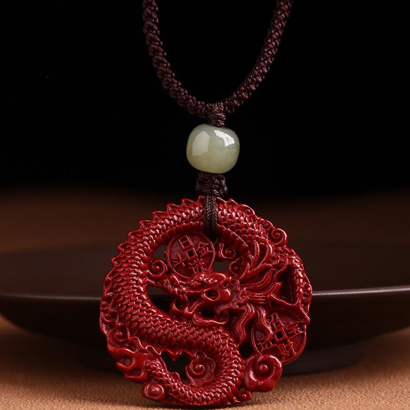 Buddha Stones Año del Dragón Natural cinabrio Hetian Jade cuenta moneda de cobre atraer riqueza collar colgante