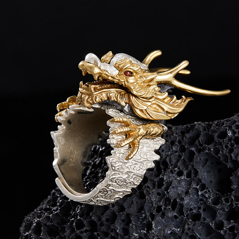 Colgante de anillo ajustable con protección de éxito de la suerte del dragón de plata de ley 925 con Buddha Stones