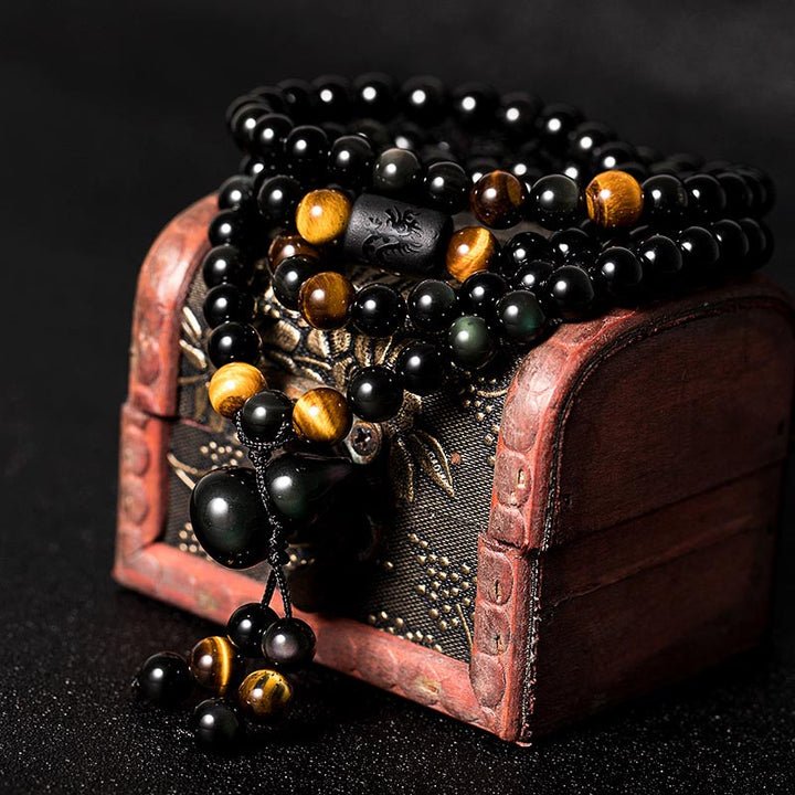 Pulsera de bendición de calabaza de obsidiana arcoíris de obsidiana negra natural con Buddha Stones Mala