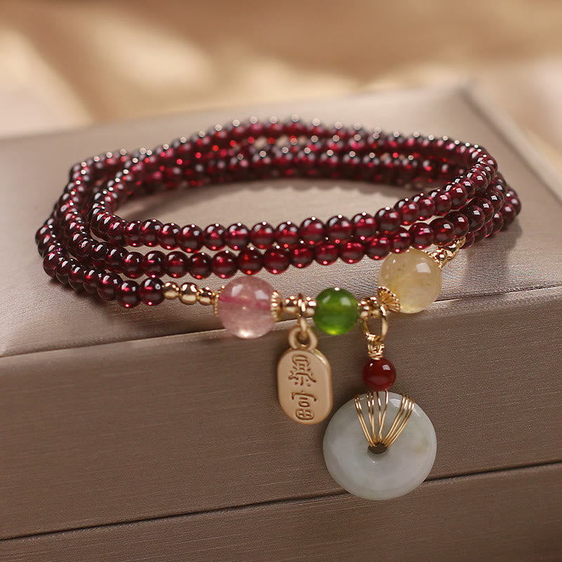 Pulsera de triple envoltura con Buddha Stones, granate Natural, fresa, cristal de cuarzo, zorro, pez Koi, hebilla de la paz, protección de la fortuna