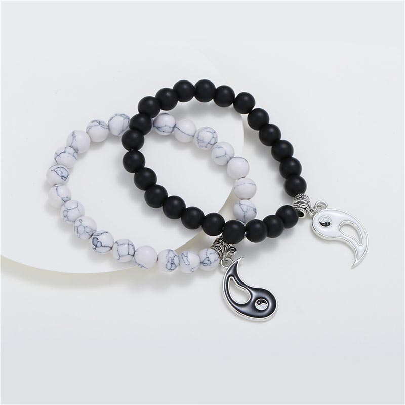 Buddha Stones 2 uds. Pulsera de pareja Yin Yang con cuentas de turquesa blanca y ónix negro Natural