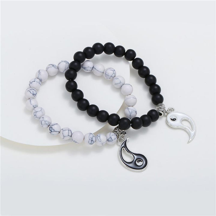 Buddha Stones 2 uds. Pulsera de pareja Yin Yang con cuentas de turquesa blanca y ónix negro Natural