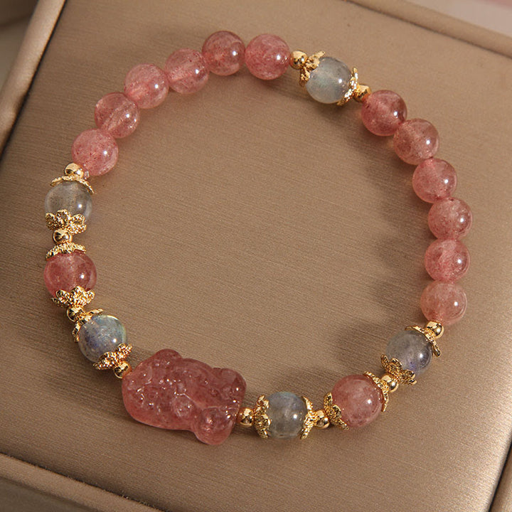 Pulsera Positiva PiXiu de Piedra Lunar de Cuarzo Fresa Natural con Buddha Stones