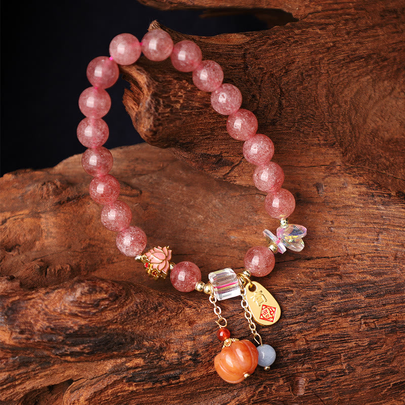 Pulsera positiva con dije de calabaza con personaje Fu de cuarzo fresa natural con Buddha Stones