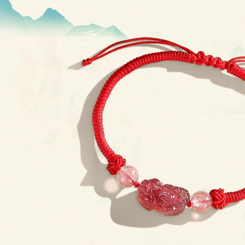 Pulsera trenzada de protección PiXiu de cuarzo fresa obsidiana con brillo de plata Natural hecha a mano con Buddha Stones