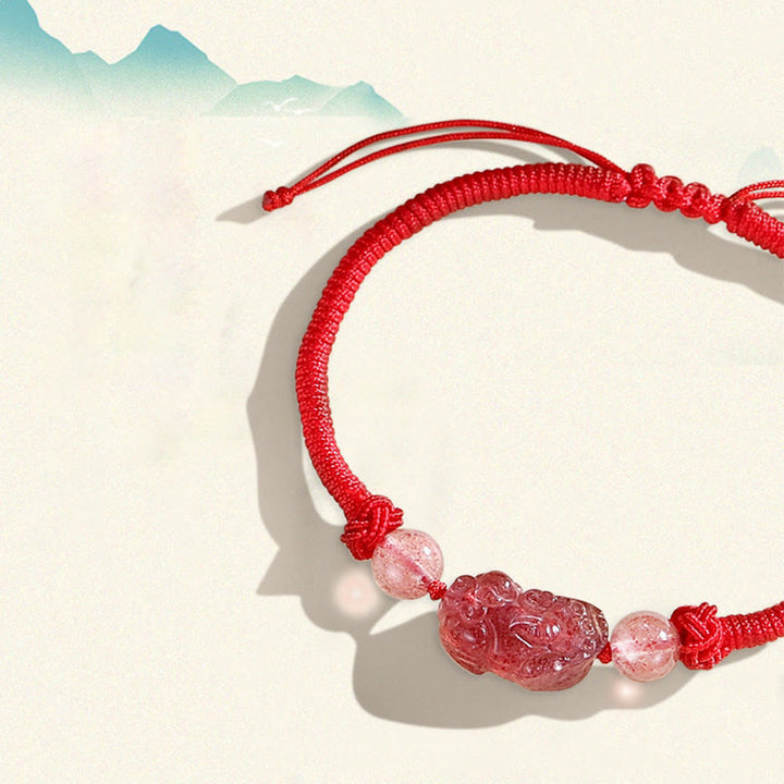 Pulsera trenzada de protección PiXiu de cuarzo fresa obsidiana con brillo de plata Natural hecha a mano con Buddha Stones