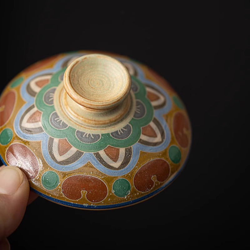 Taza de té de cerámica Gaiwan Sancai de Dunhuang Flying Apsaras con Buddha Stones, taza de té de Kung Fu con tapa