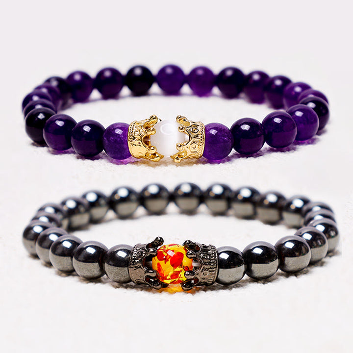 Buddha Stones Piedra Natural Rey y Reina Corona Curativa Cuentas de Energía Pulsera de Pareja
