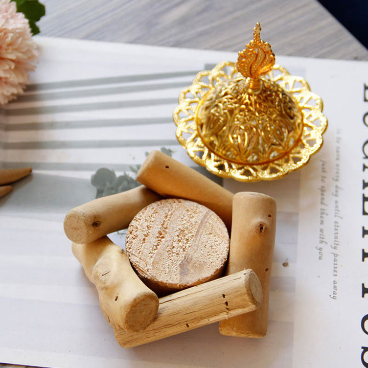 Mini quemador de incienso curativo de aleación de oro con decoración del hogar de posavasos de madera