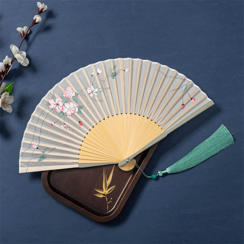Abanico plegable de bambú de seda de mano con Buddha Stones , loto, flor de Begonia, jazmín, 21cm