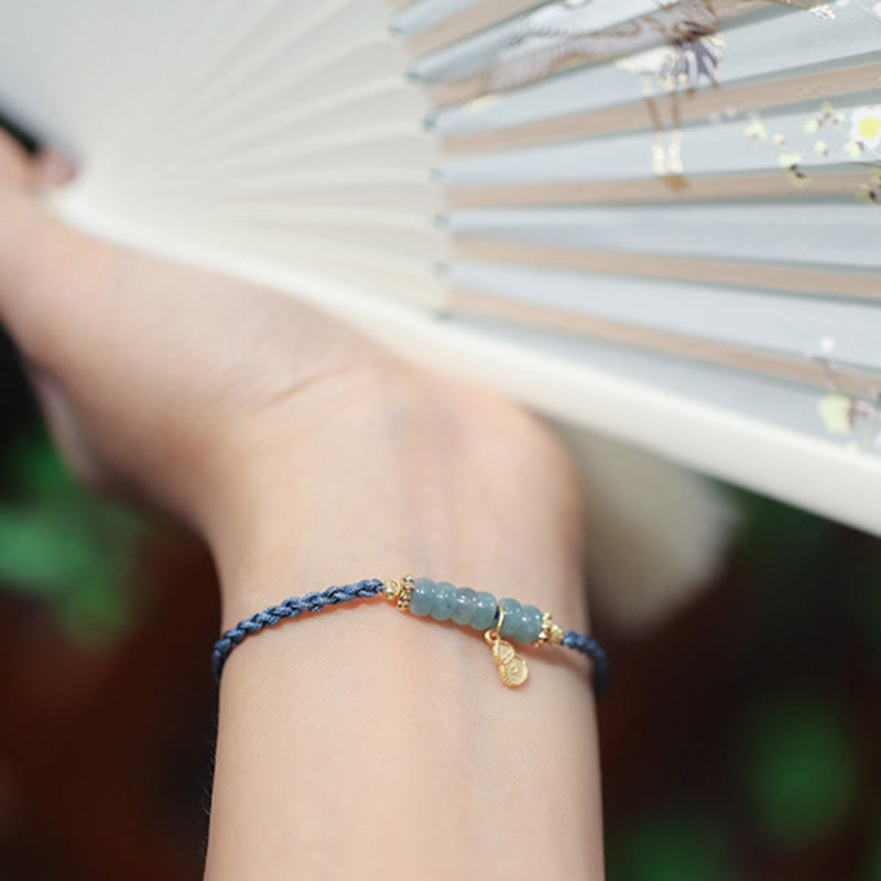 Pulsera trenzada de la suerte con carácter Fu de Cuarzo rutilado con calabaza de jade natural de plata de ley 925