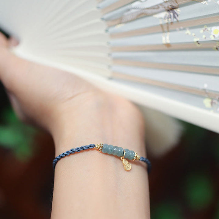 Pulsera trenzada de la suerte con carácter Fu de Cuarzo rutilado con calabaza de jade natural de plata de ley 925