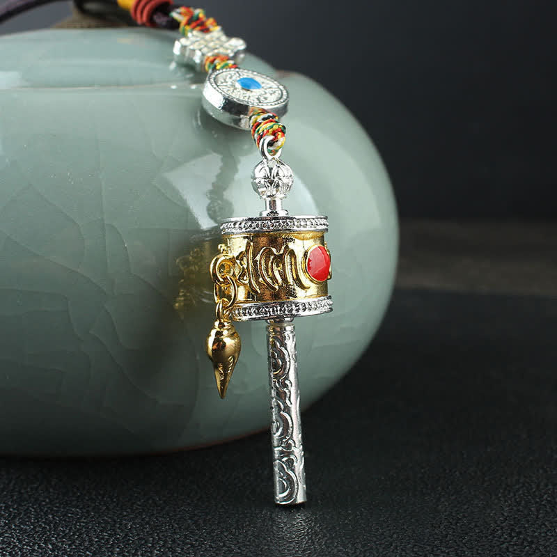 Rueda de oración Tíbet Om Mani Padme Hum, bolsa giratoria de paz, decoración colgante para coche