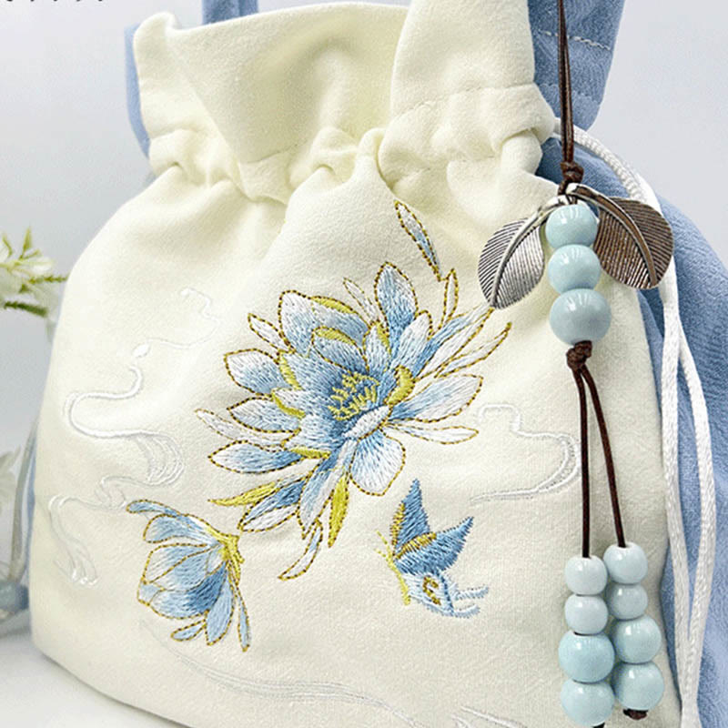 Bolso bandolera con Buddha Stones, bordado, mariposa, loto, magnolia, algodón y lino