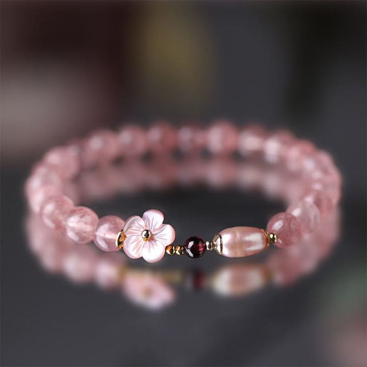 Pulsera de amor con Buddha Stones, cuarzo fresa, flor de melocotón
