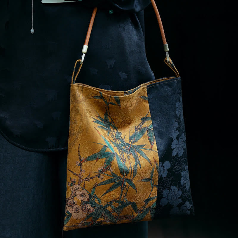 Bolso de hombro con Buddha Stones, hojas de bambú, flor, mariposa, caqui