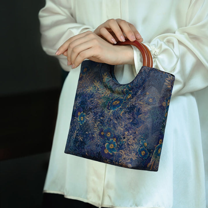 Bolso de mano con mango de madera maciza, Buddha Stones , flor de peonía, hojas de bambú, pájaro