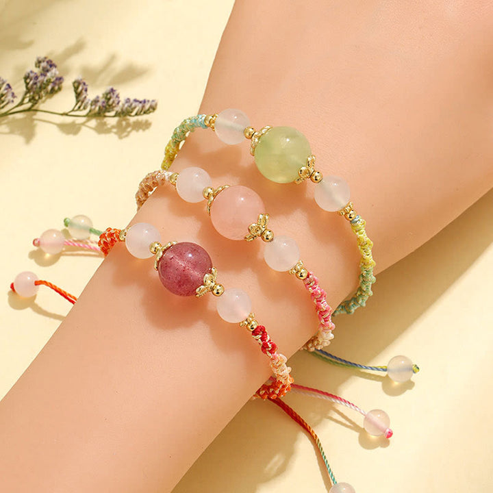 Pulsera de cuerda curativa con cuentas de ágata blanca y prehnita de cristal rosa de cuarzo fresa con Buddha Stones