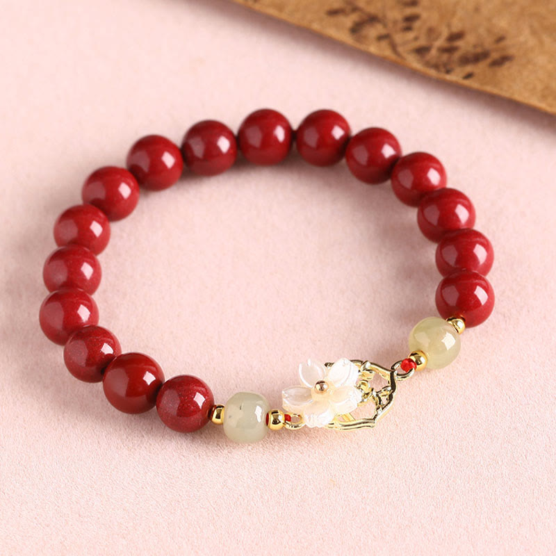 Pulsera de bendición de flores de piedra Tridacna con cuentas de jade cinabrio Natural de Buddha Stones