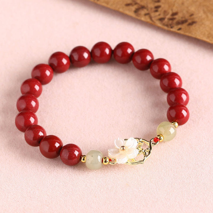 Pulsera de bendición de flores de piedra Tridacna con cuentas de jade cinabrio Natural de Buddha Stones
