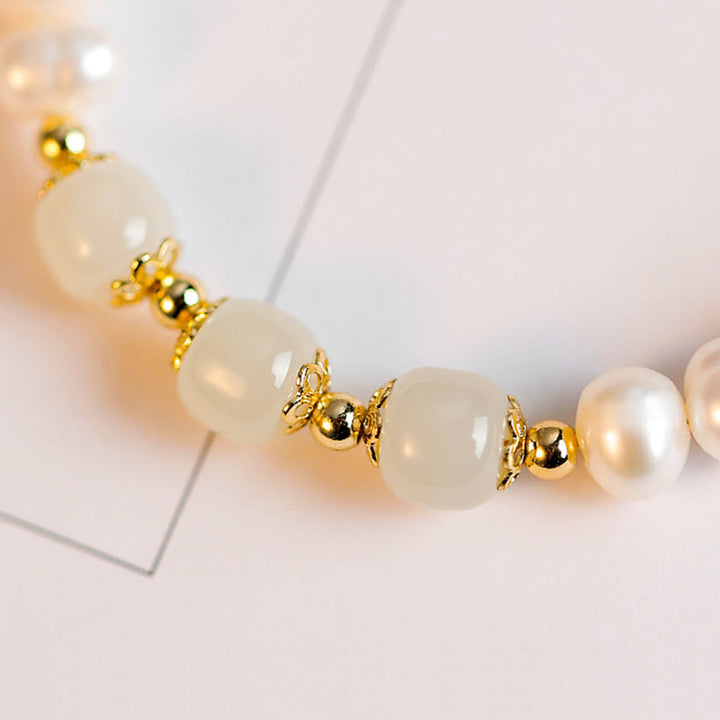 Pulsera de cadena de cuentas de sinceridad de jade blanco de jade cian hetiano de perlas naturales chapadas en oro de 14 quilates