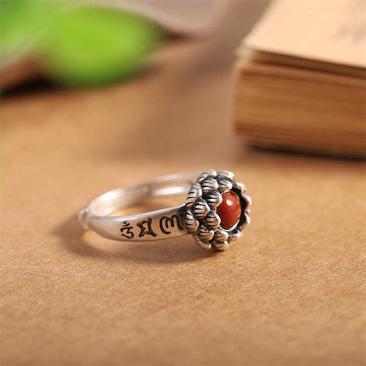 Anillo de bendición de confianza de ágata roja de loto de plata de ley 925