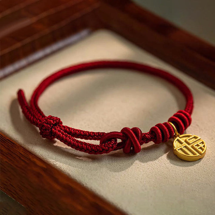 Pulsera de cuerda roja hecha a mano con Buddha Stones, ocho hilos, nudo de la paz, personaje Fu, suerte, felicidad