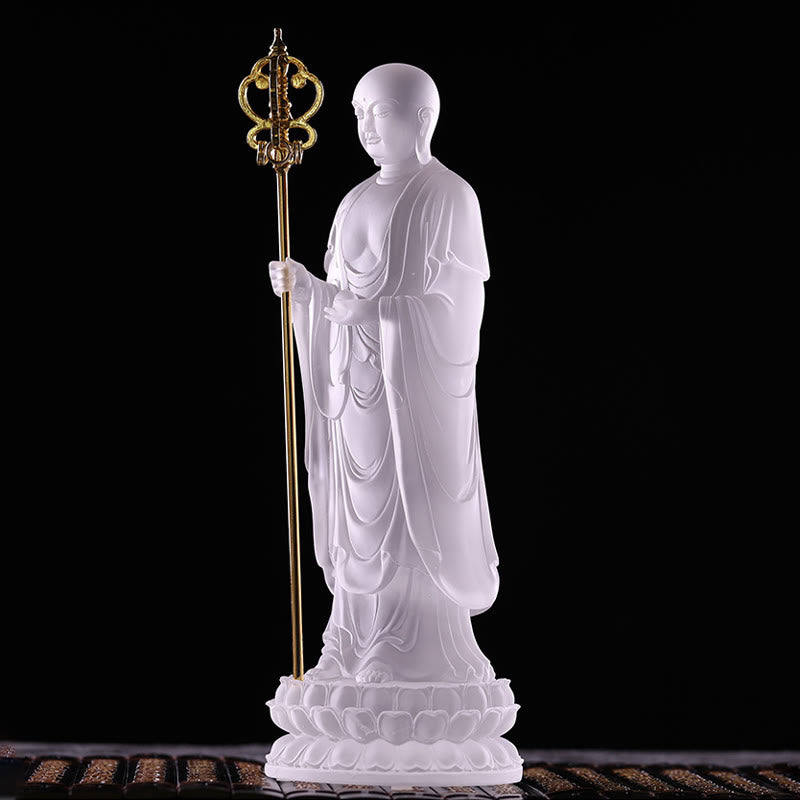 Buddha Stones hechas a mano, estatuilla de Bodhisattva Ksitigarbha, pieza de arte de cristal Liuli, estatua de serenidad, decoración del hogar