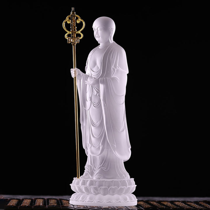 Buddha Stones hechas a mano, estatuilla de Bodhisattva Ksitigarbha, pieza de arte de cristal Liuli, estatua de serenidad, decoración del hogar
