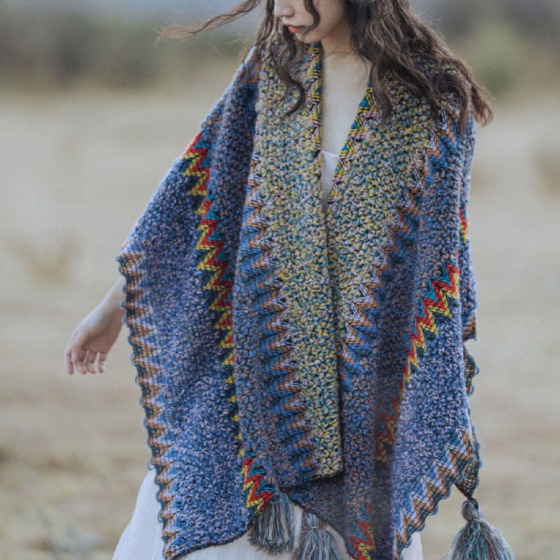 Mantón tibetano de Buddha Stones, capa de punto suave y cálida, bufanda tibetana con borlas de invierno