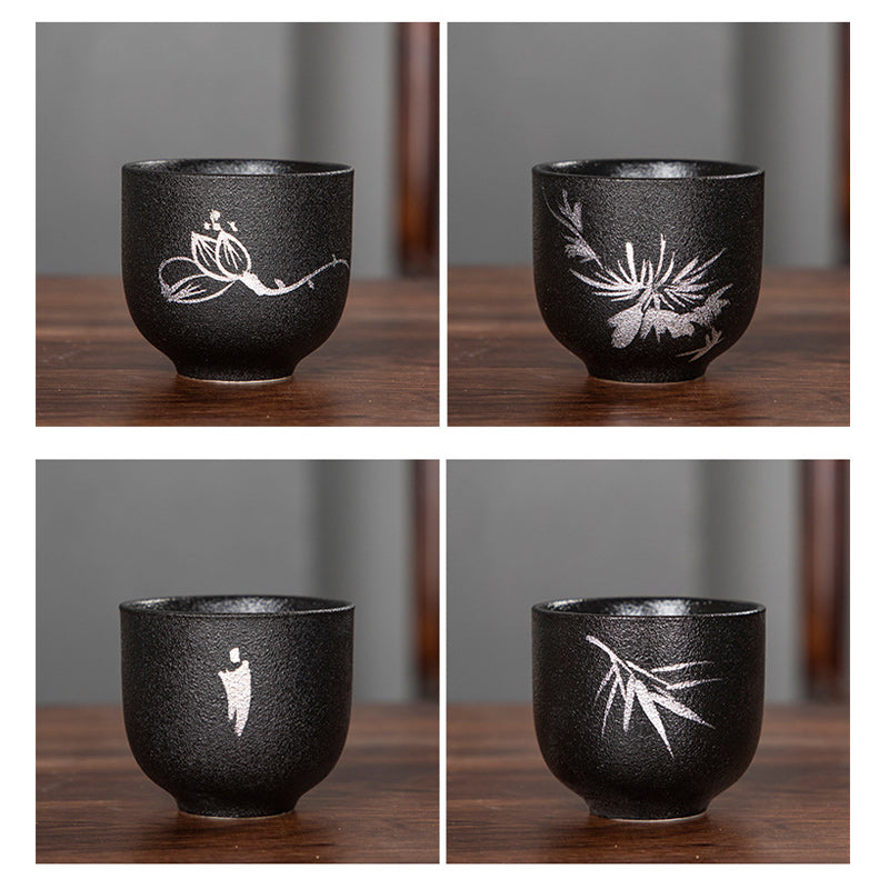 Buddha Stones, flor de loto pintada a mano, crisantemo de bambú, cerámica negra, taza de té de cerámica, taza de té de Kung Fu 95ml