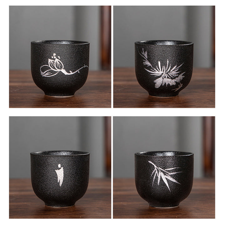 Buddha Stones, flor de loto pintada a mano, crisantemo de bambú, cerámica negra, taza de té de cerámica, taza de té de Kung Fu 95ml